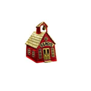 Old Schoolhouse Brooch Figural Pin Red Enamel Goldtone Bell Moves Teacher Gift